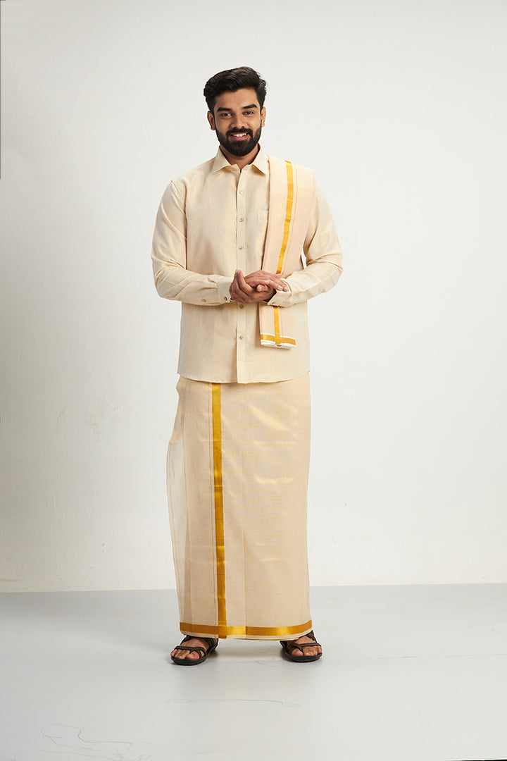 UATHAYAM Golden Yellow Color Cotton Vaibhav Shirt + Tissue Jari Dhoti + Towel (3 In 1) Set For Men