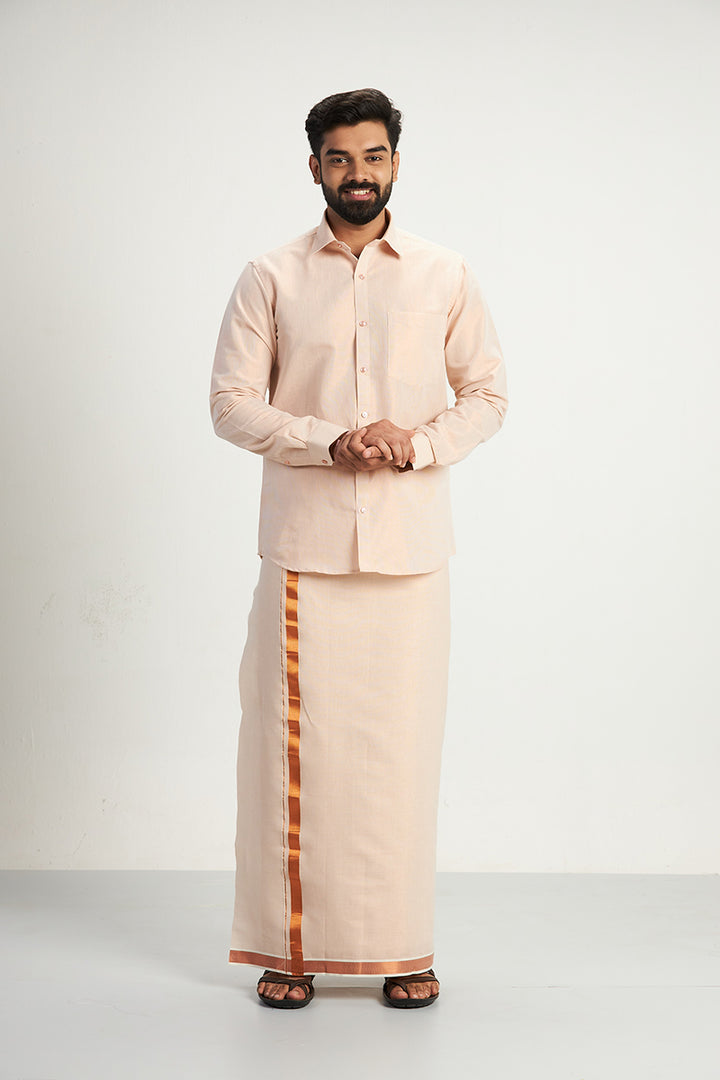 Vaibhav - Copper Orange Shirt and Jari Single Dhoti With Towel Tissue Set 3 In 1 For Men | Uathayam