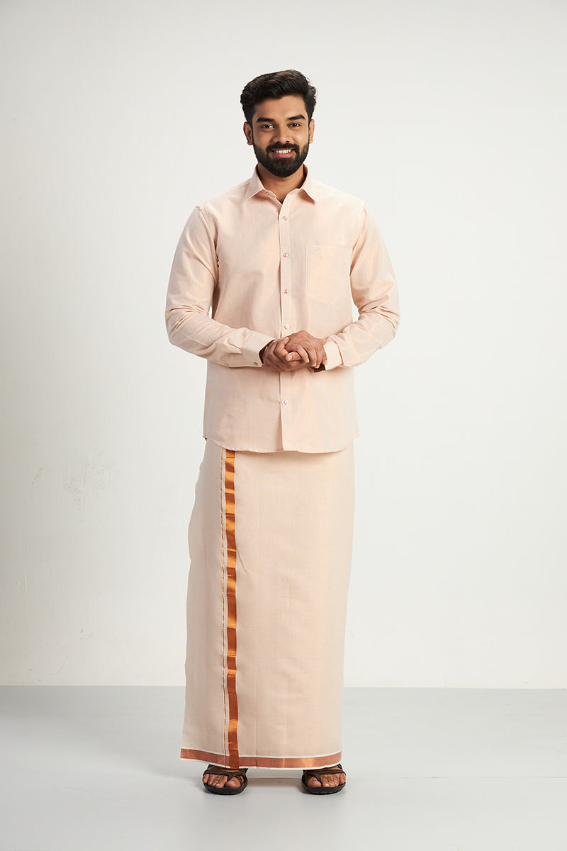 UATHAYAM Copper Orange Color Cotton Vaibhav Shirt and Tissue Jari Dhoti Set (2 In 1) For Men