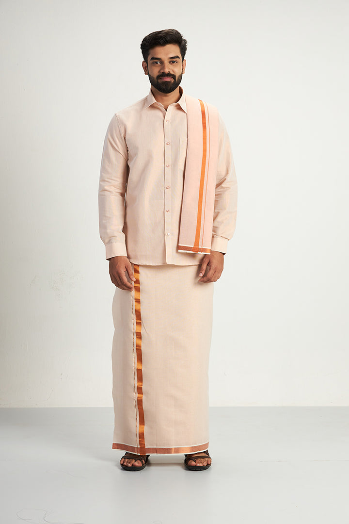 Vaibhav - Copper Orange Shirt and Jari Single Dhoti With Towel Tissue Set 3 In 1 For Men | Uathayam