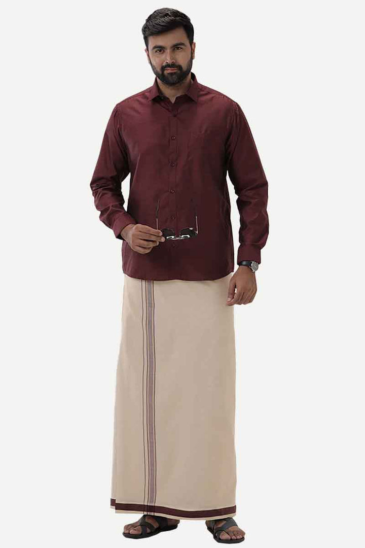 Divine Elite - Maroon Matching Shirt and Single Dhoti Set for Men | Uathayam