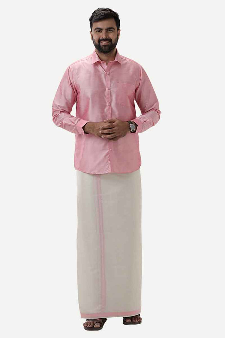 Divine Elite - Light Pink Matching Shirt and Single Dhoti Set for Men | Uathayam