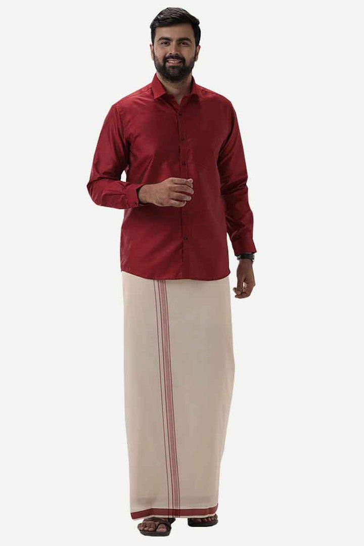 Divine Elite - Red Matching Shirt and Single Dhoti Set for Men | Uathayam