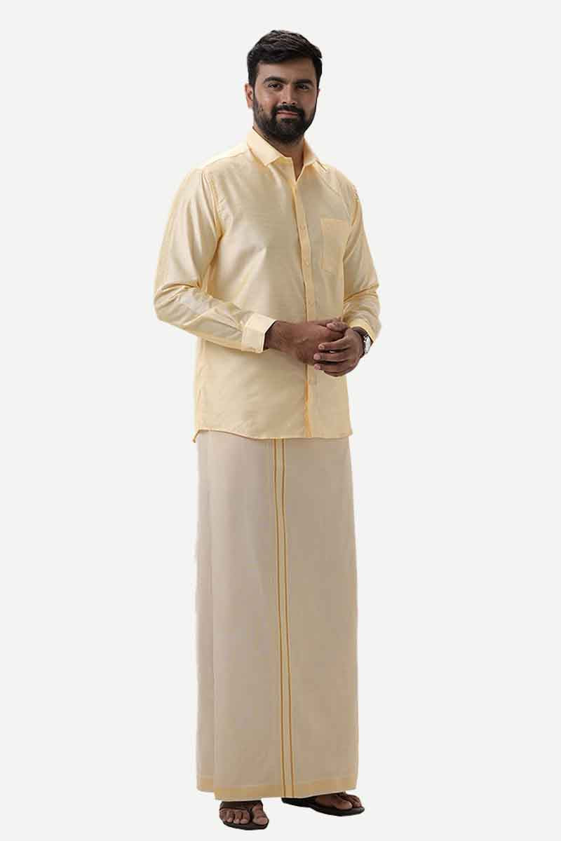 Divine Elite - Yellow Matching Shirt and Single Dhoti Set for Men | Uathayam