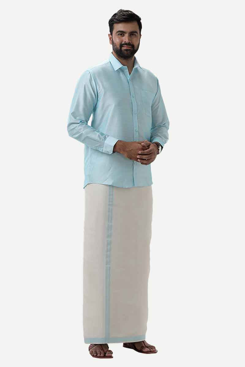 Divine Elite - Sky Blue Matching Shirt and Single Dhoti Set for Men | Uathayam