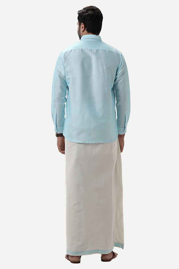 Divine Elite - Sky Blue Matching Shirt and Single Dhoti Set for Men | Uathayam