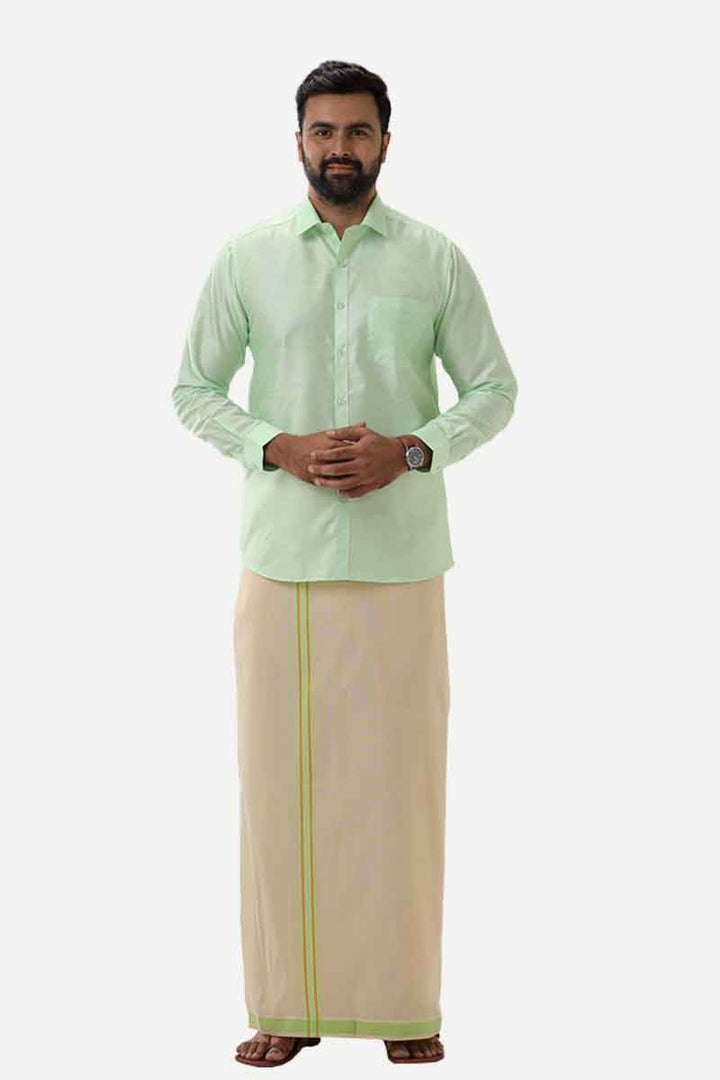 Divine Elite - Mint Green Matching Shirt and Single Dhoti Set for Men | Uathayam