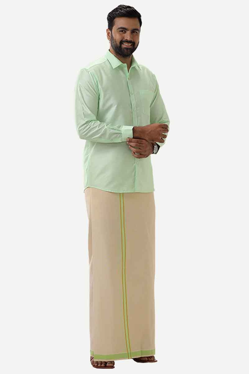 Divine Elite - Mint Green Matching Shirt and Single Dhoti Set for Men | Uathayam