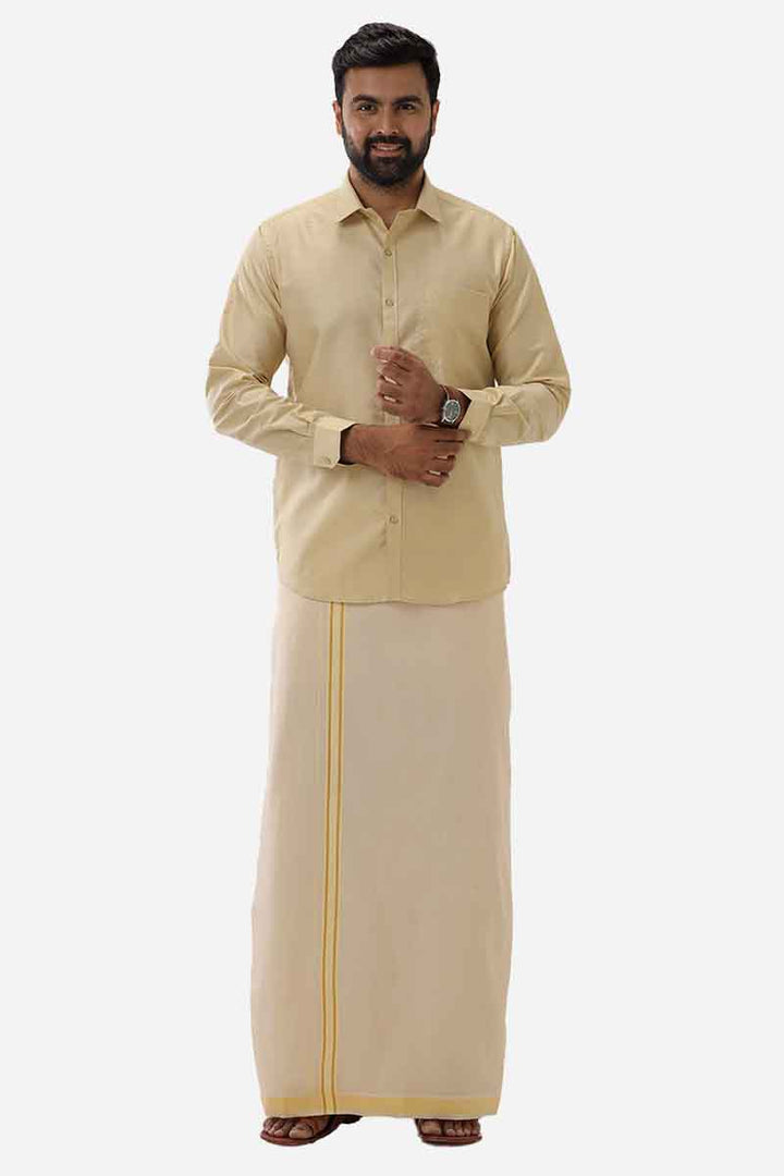 Divine Elite - Light Beige Matching Shirt and Single Dhoti Set for Men | Uathayam