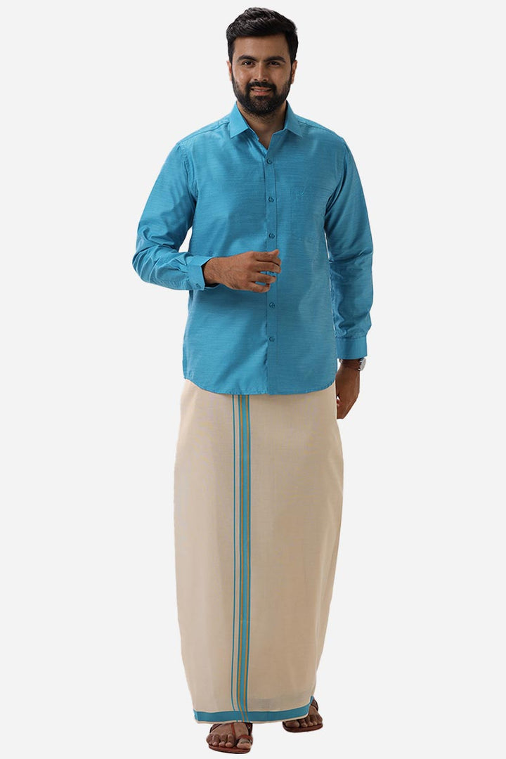 Divine Elite - Teal Blue Matching Shirt and Single Dhoti Set for Men | Uathayam