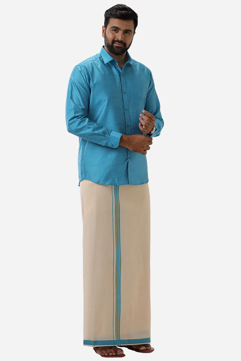 Divine Elite - Teal Blue Matching Shirt and Single Dhoti Set for Men | Uathayam