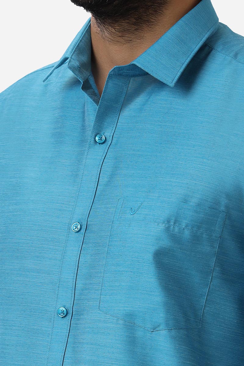 Divine Elite - Teal Blue Matching Shirt and Single Dhoti Set for Men | Uathayam