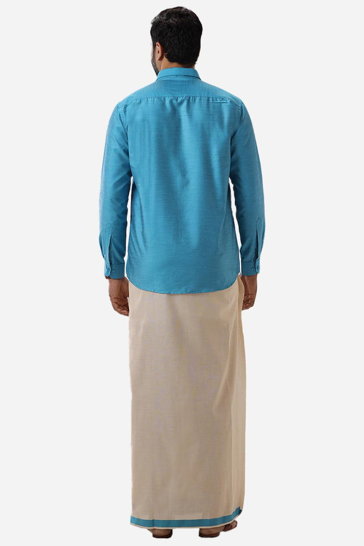 Divine Elite - Teal Blue Matching Shirt and Single Dhoti Set for Men | Uathayam