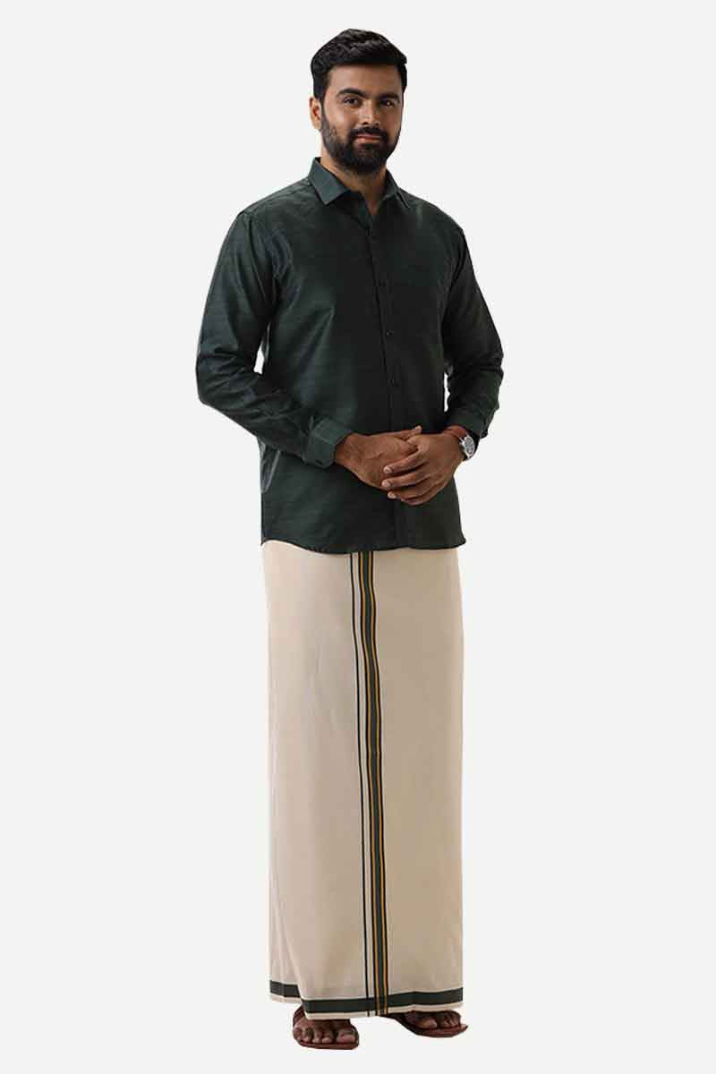 Divine Elite - Dark Green Matching Shirt and Single Dhoti Set for Men | Uathayam