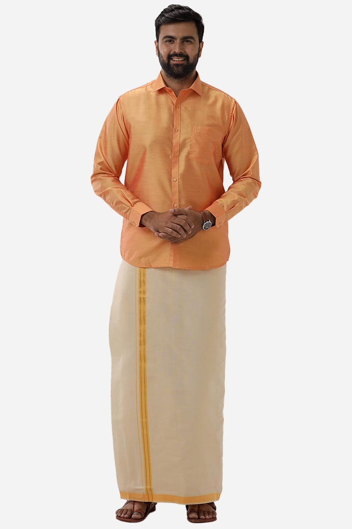 Divine Elite - Orange Matching Shirt and Single Dhoti Set for Men | Uathayam