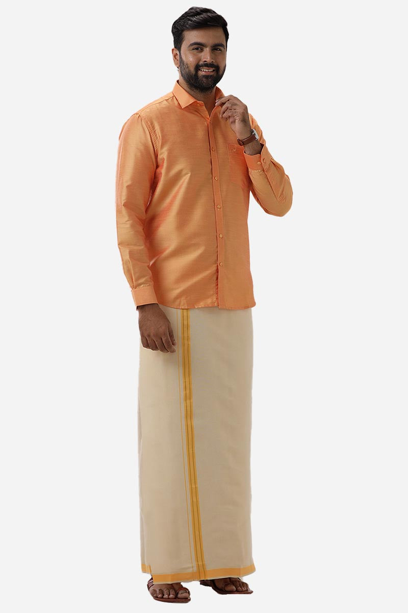 Divine Elite - Orange Matching Shirt and Single Dhoti Set for Men | Uathayam