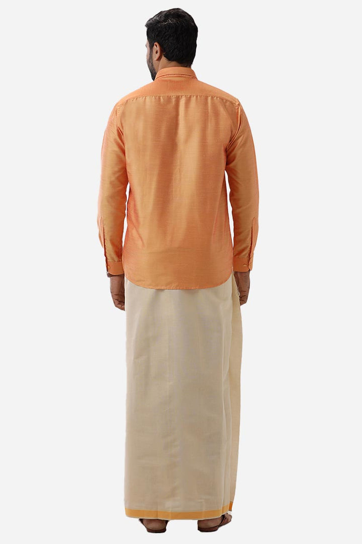 Divine Elite - Orange Matching Shirt and Single Dhoti Set for Men | Uathayam