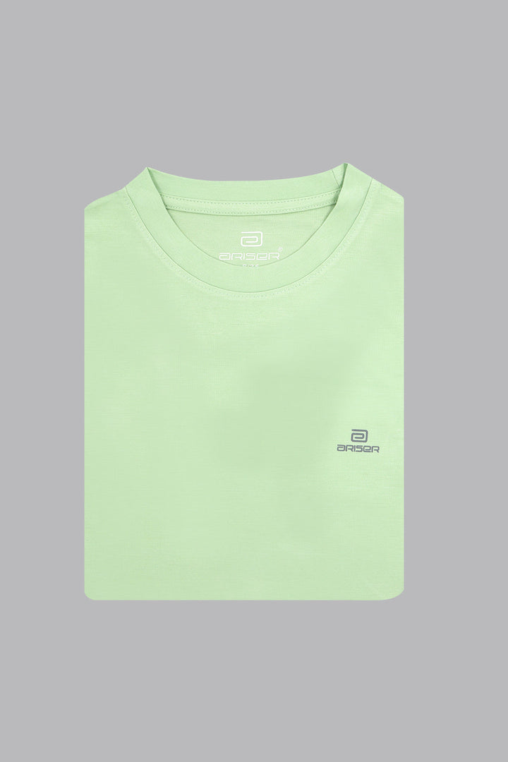 Light green t-shirt with a brand logo on a gray background