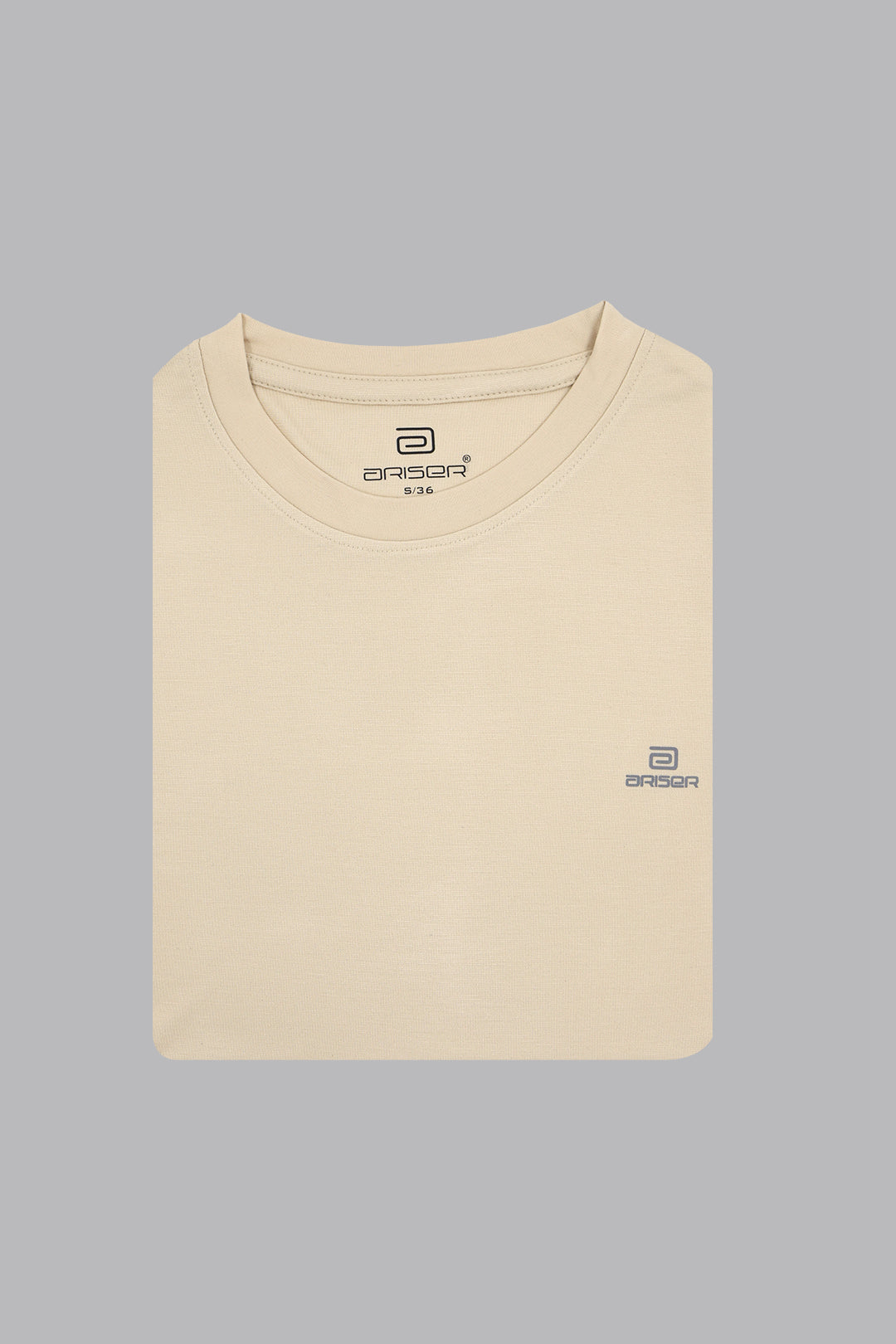 Beige t-shirt with a brand logo on a gray background