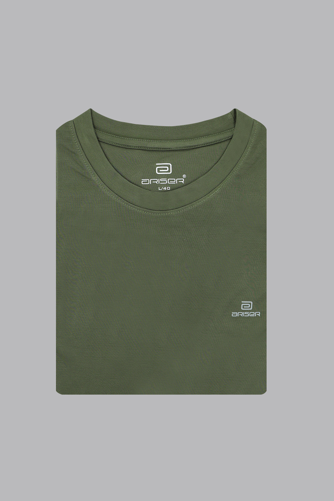 Folded green t-shirt with a ariser brand logo on a gray background