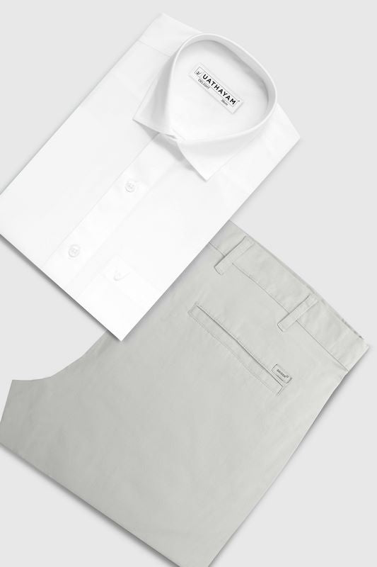 Delight + Basic Chino - White Shirt with Light Gray Trouser Combo For Men | Uathayam