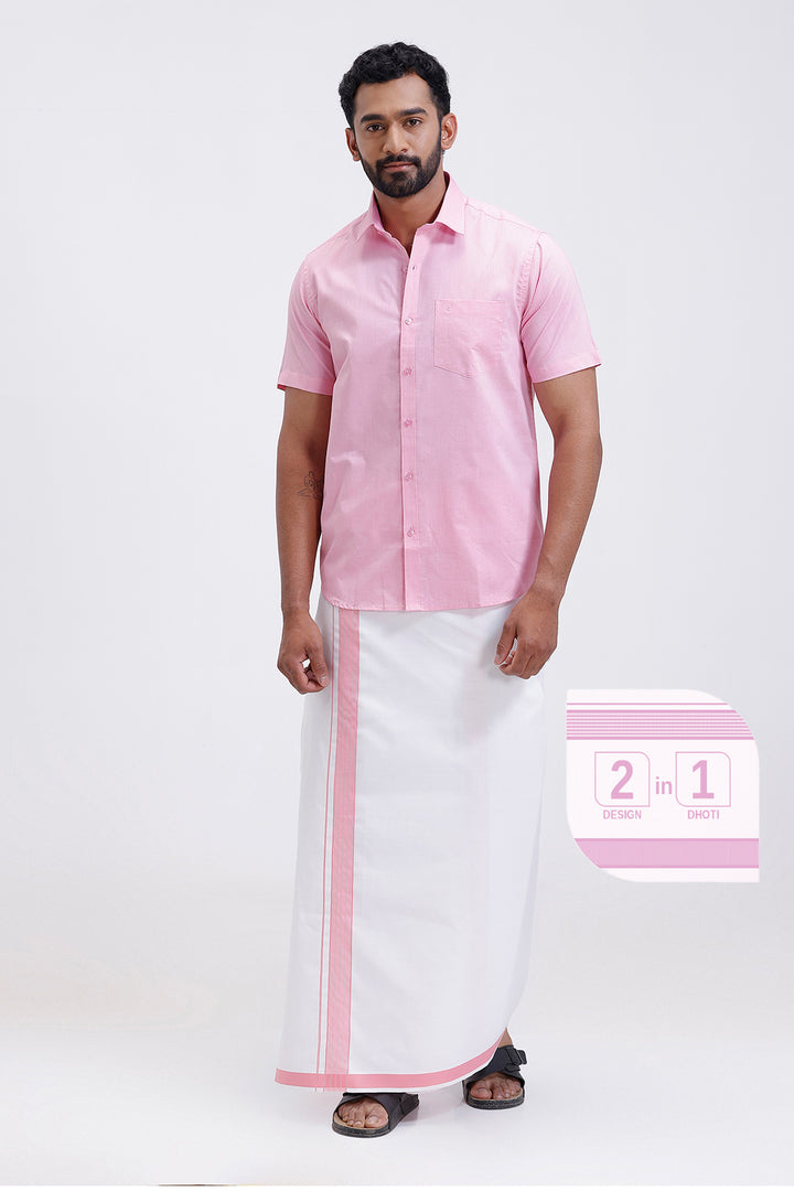 Traditional men pink shirt and fancy border dhoti set by Uathayam