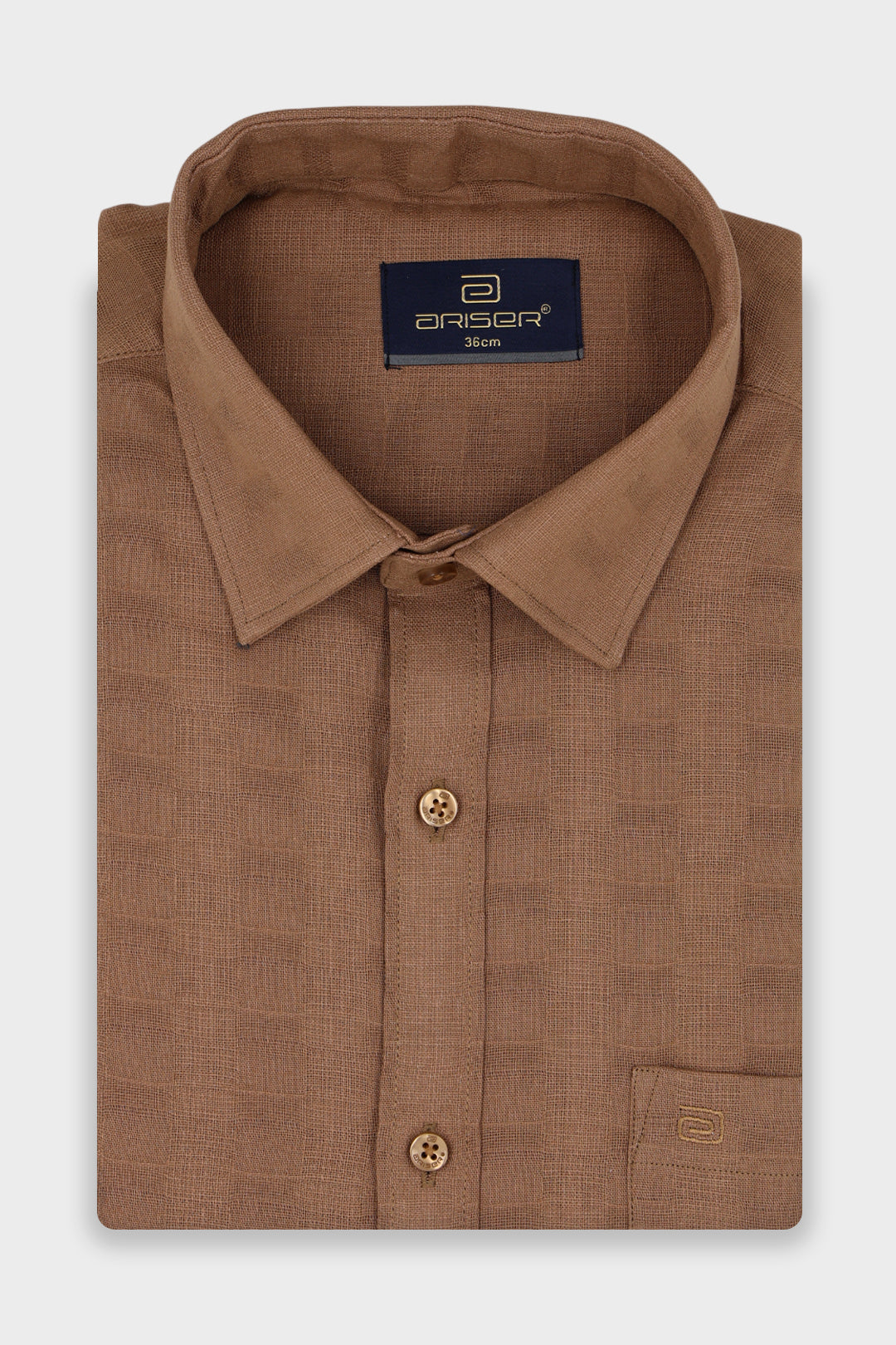 A folded brown long-sleeve dress shirt with a textured weave, featuring a pointed collar, button-down front, and a brand label on the inner neck.