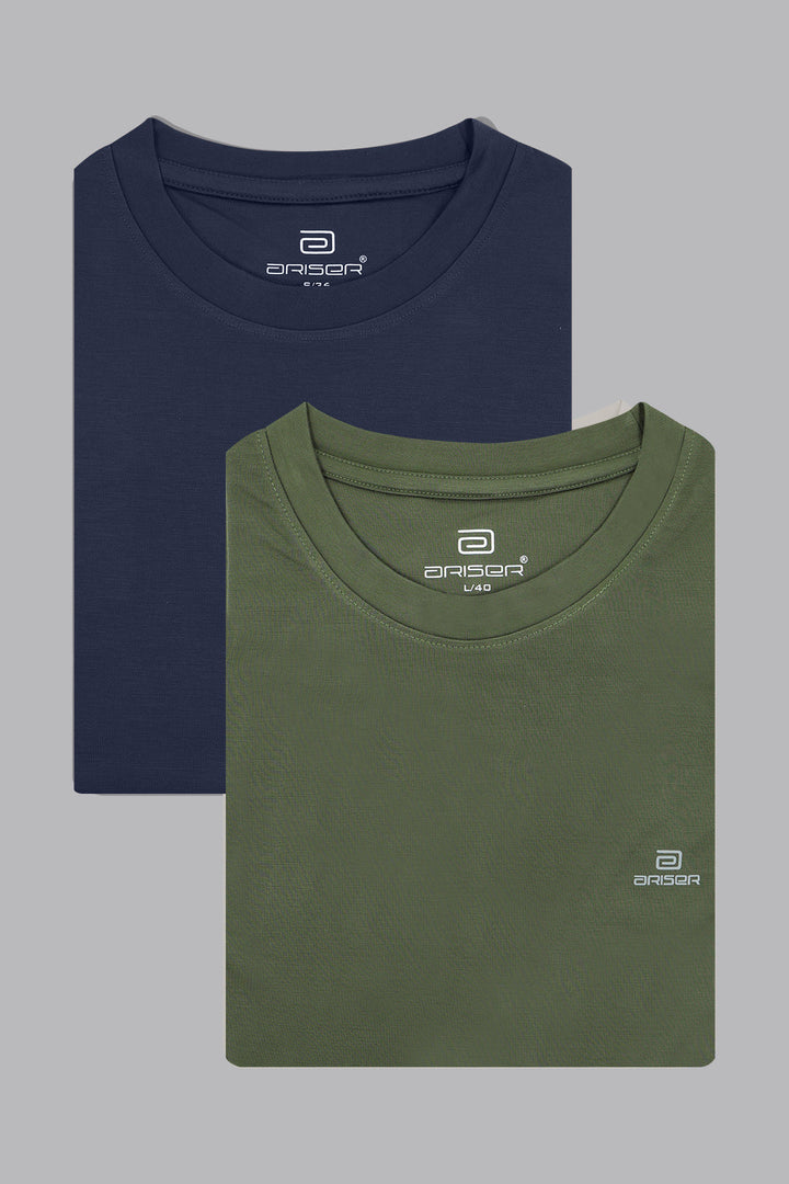 Two folded t-shirts, one navy and one green, on a gray background.