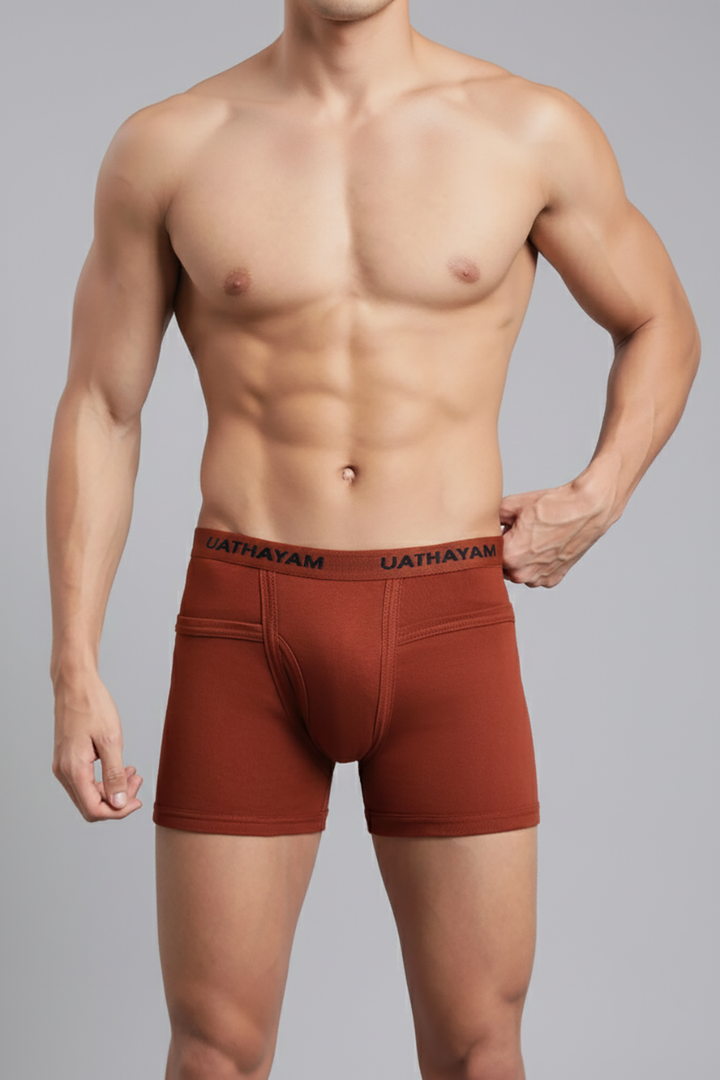 Comfort Rib rust brown men’s trunks made from soft cotton rib fabric with outer elastic waistband for breathable comfort and everyday wear.