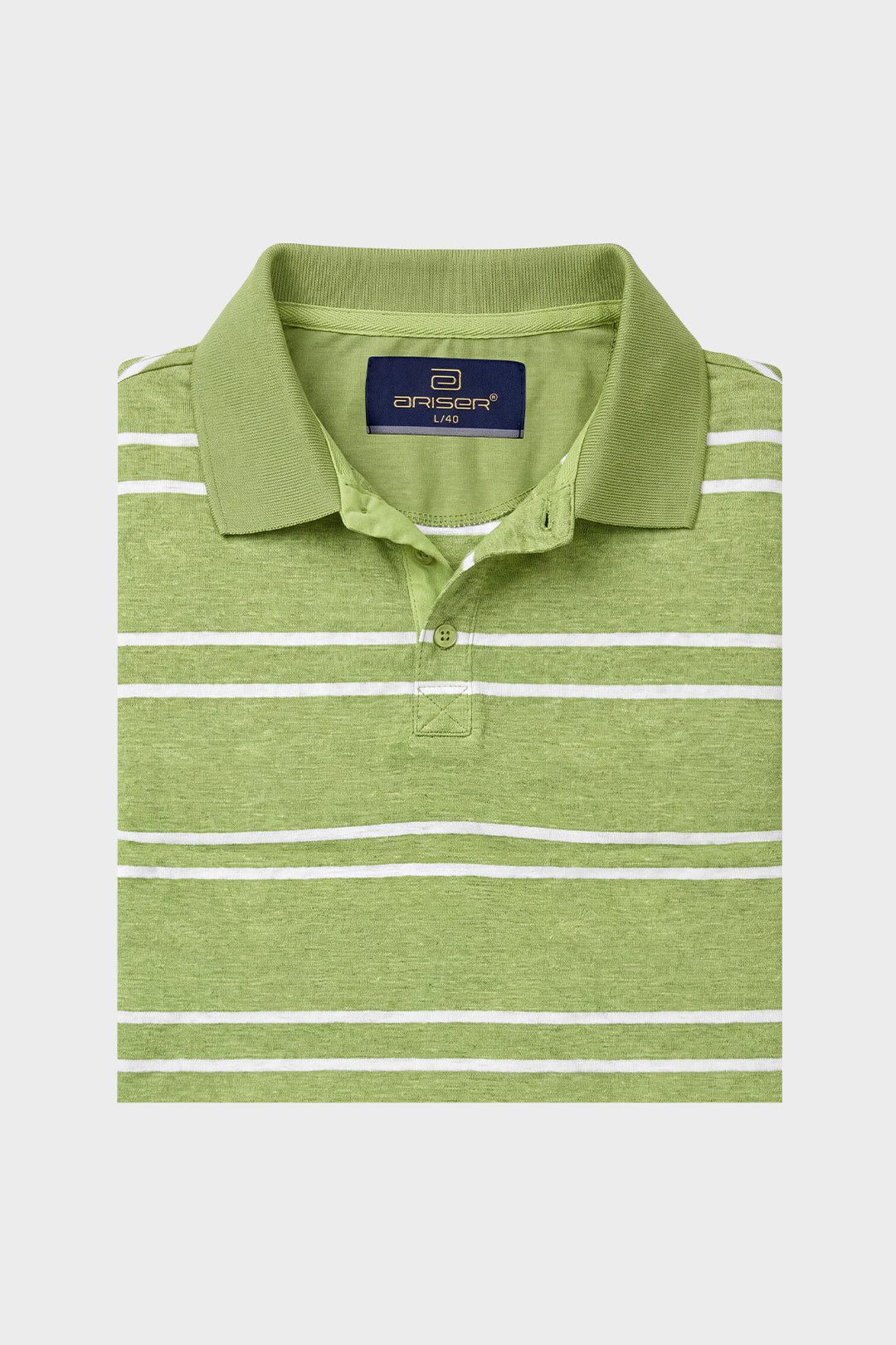 A folded light green polo shirt with thin white horizontal stripes, featuring a classic collar and a three-button placket, displayed on a light gray background.
