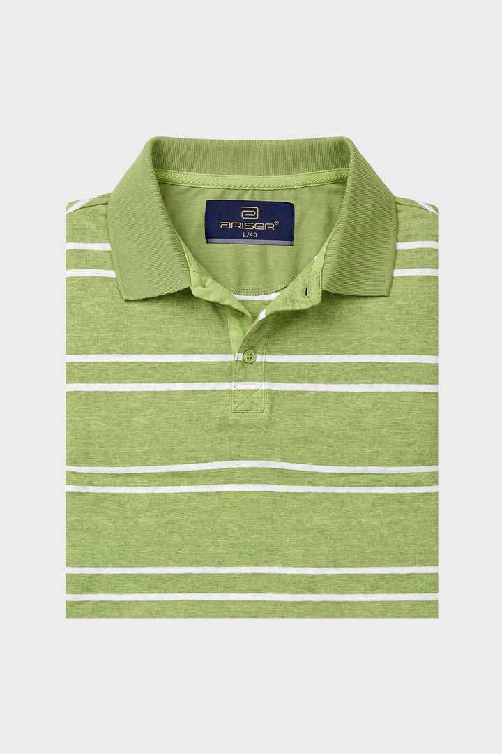 A folded light green polo shirt with thin white horizontal stripes, featuring a classic collar and a three-button placket, displayed on a light gray background.