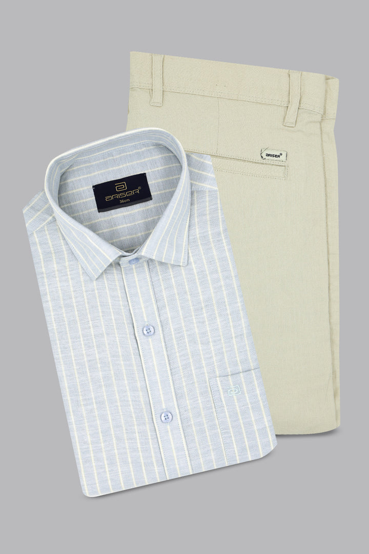 off white light gray shirt cream white trouser combo