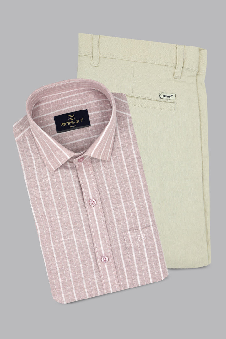 Jeta + Kansas - Soft Rose Pink Shirt With Cream White Trouser Combo For Men | Ariser