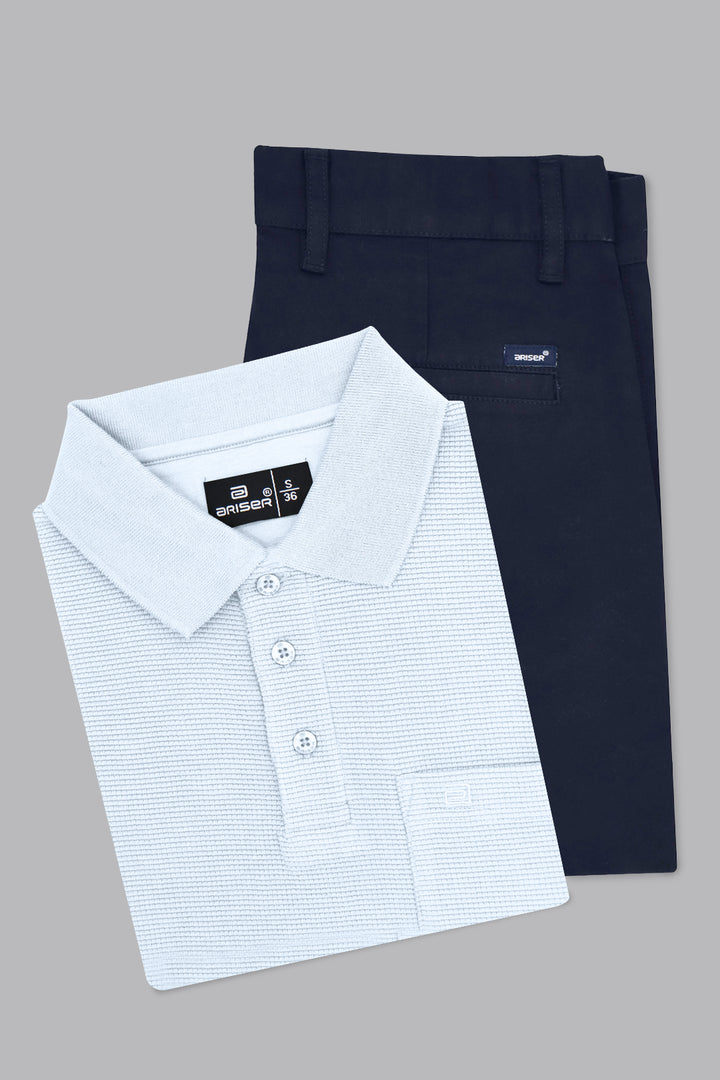 Waffle polo t shirt with night blue trouser