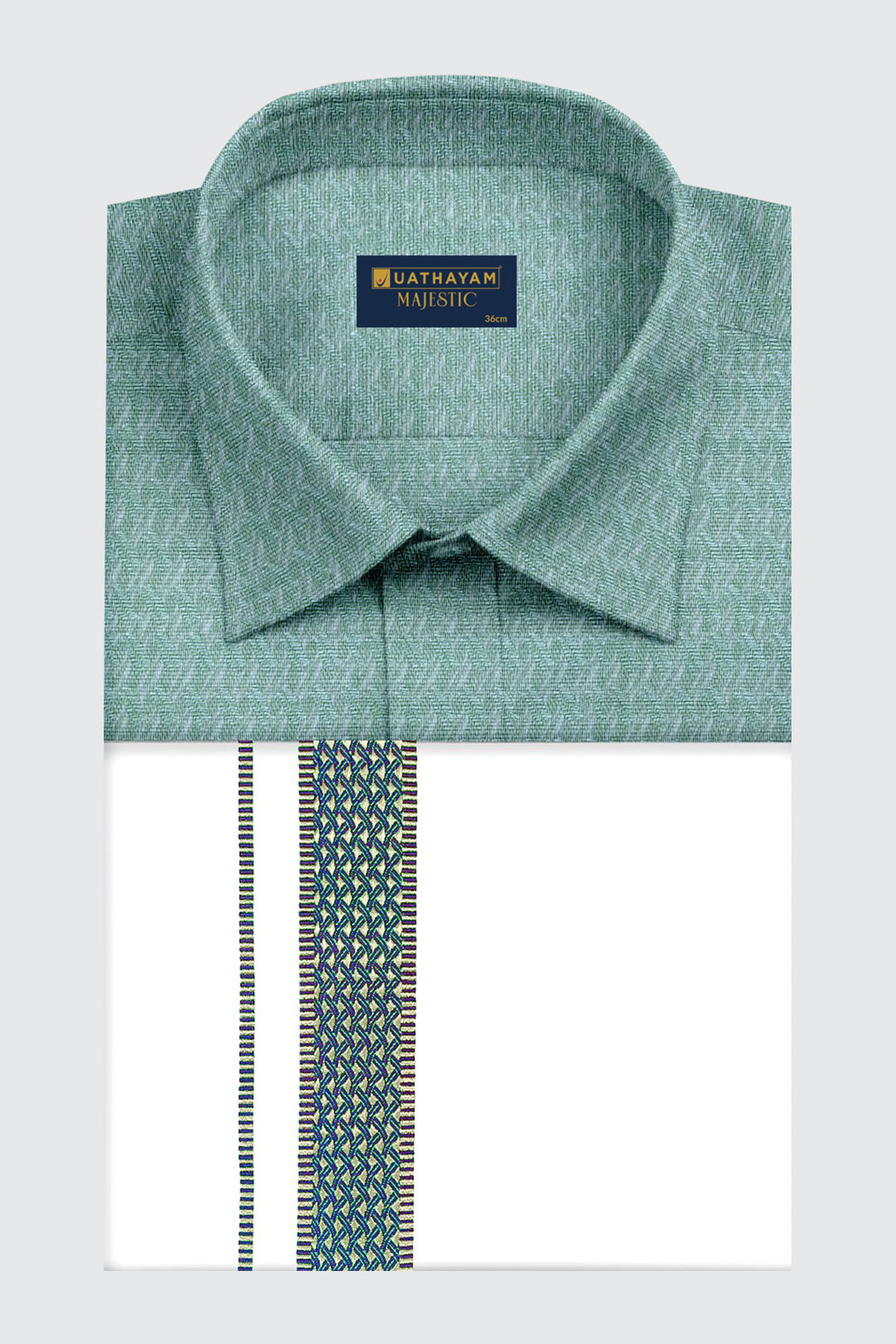 Majestic - Sage Green Matching Shirt And Single Layered Fancy Border Dhoti Set For Men | Uathayam
