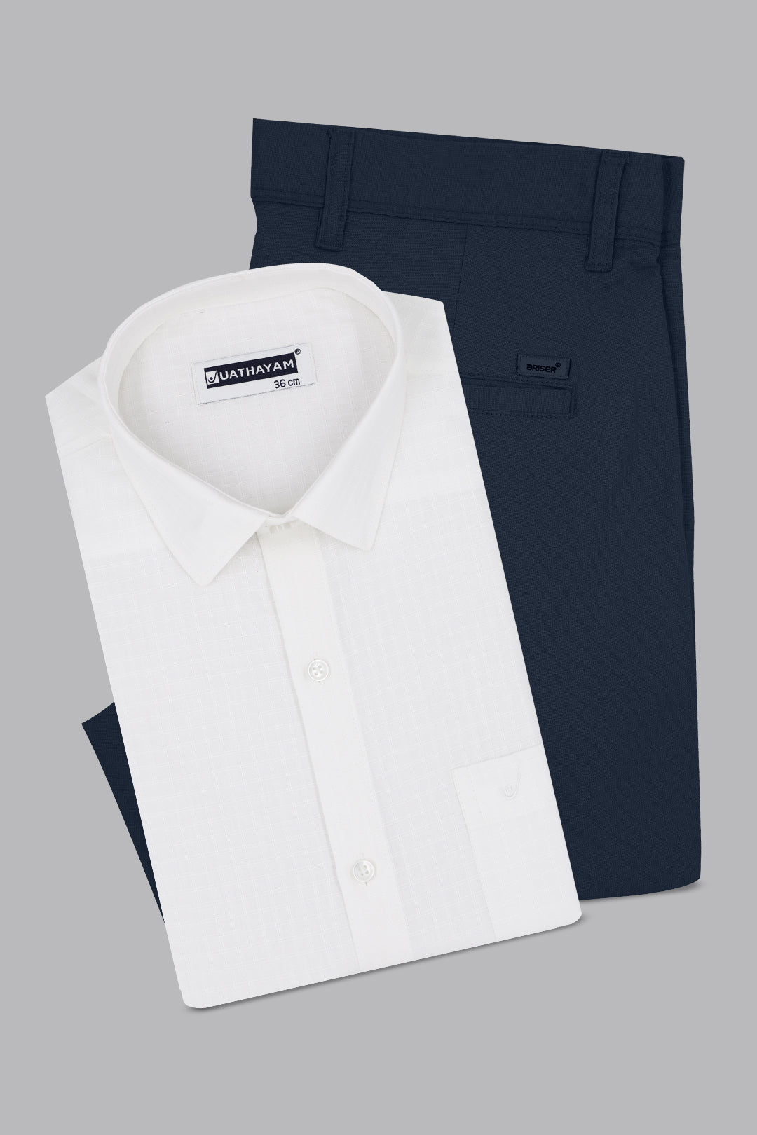 white shirt blue trousers
