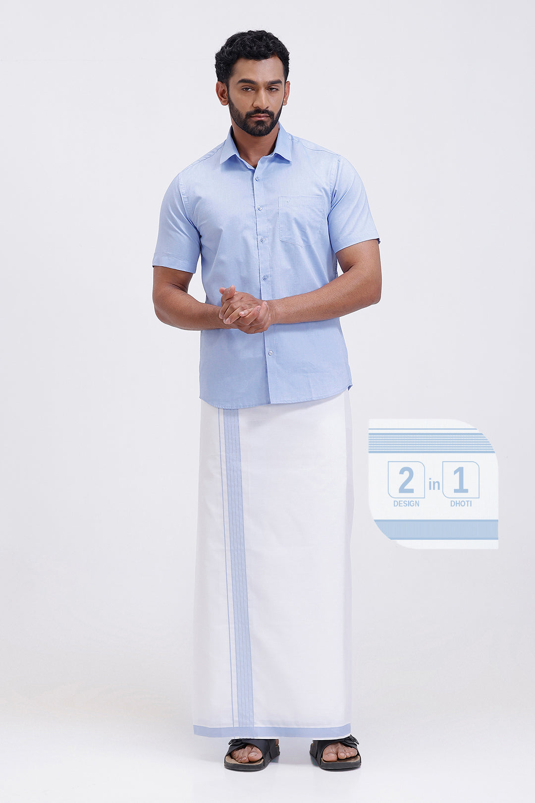 Traditional men shirt and dhoti set with pastel blue shirt by Uathayam