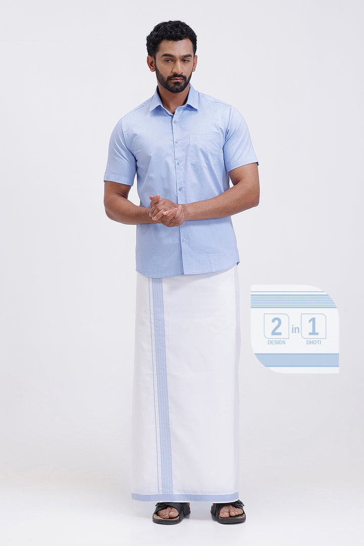 Traditional men shirt and dhoti set with pastel blue shirt by Uathayam