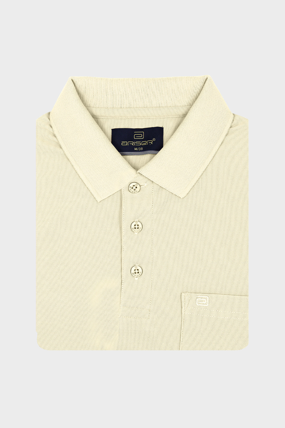 A folded cream-colored polo shirt with a subtle vertical stripe texture, featuring a classic collar, three-button placket, and a chest pocket with a small brand tab.