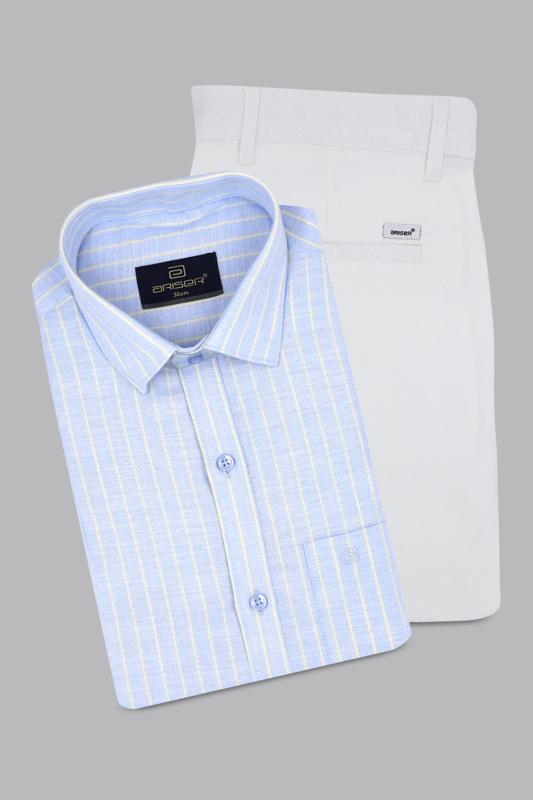 sky mist blue shirt white trouser combo