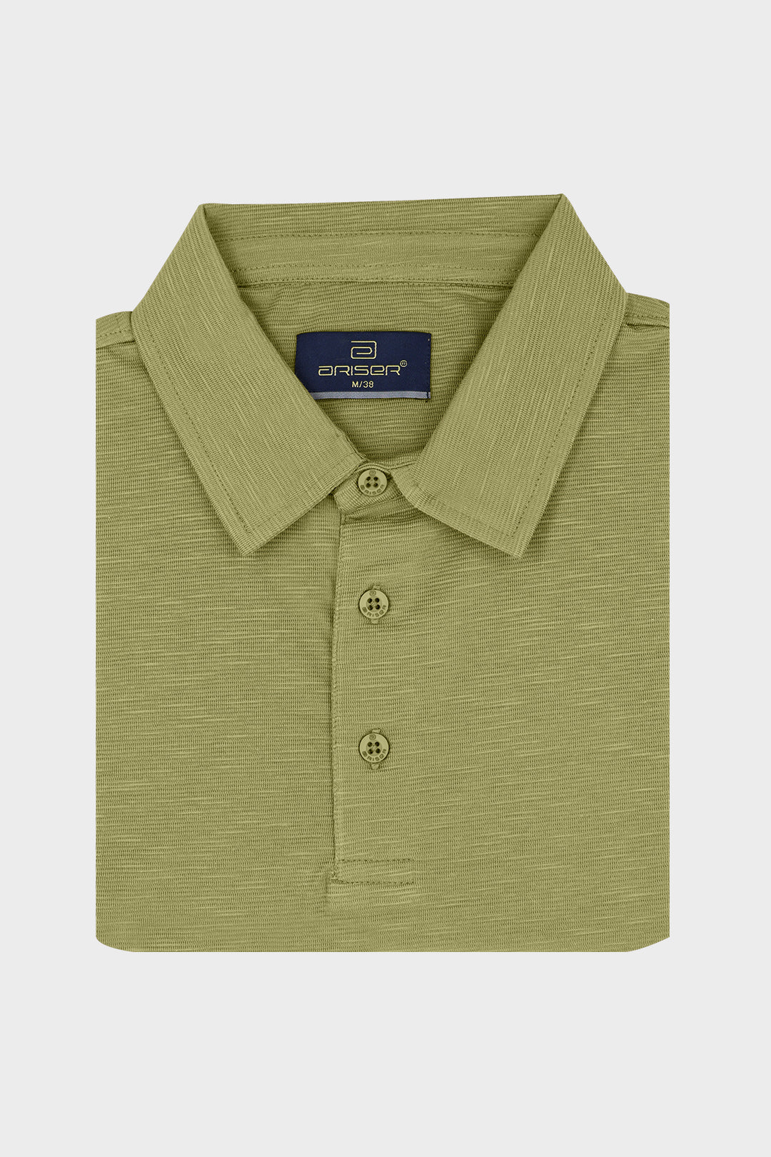 A folded olive green polo shirt with a textured horizontal ribbed pattern, featuring a classic collar and three-button T-shirt.