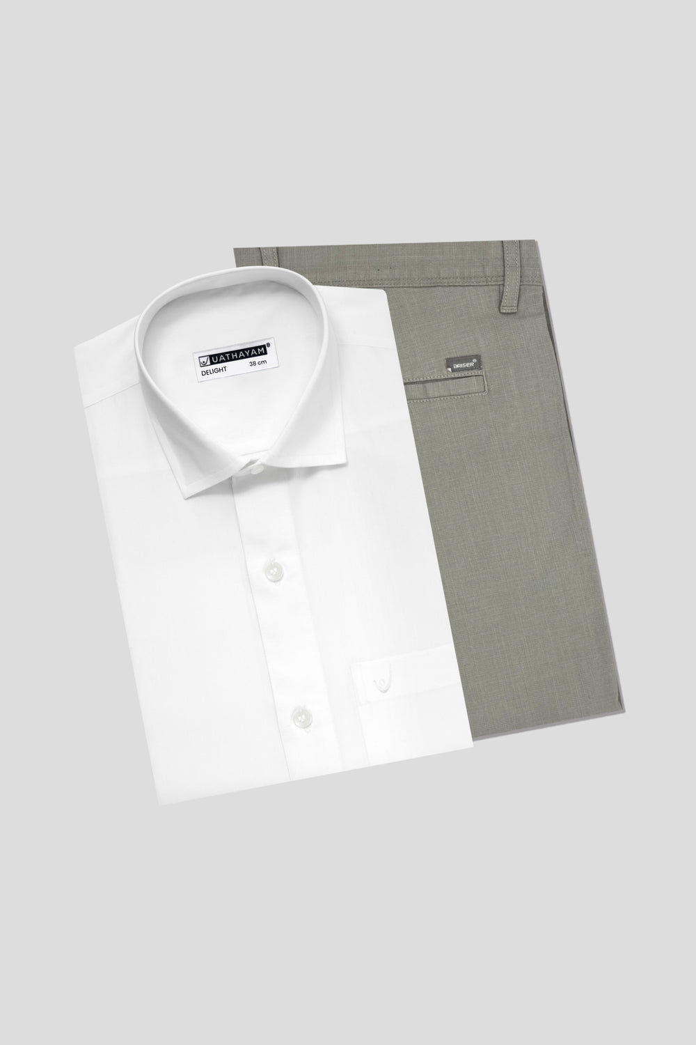 White shirt gray pants outfit