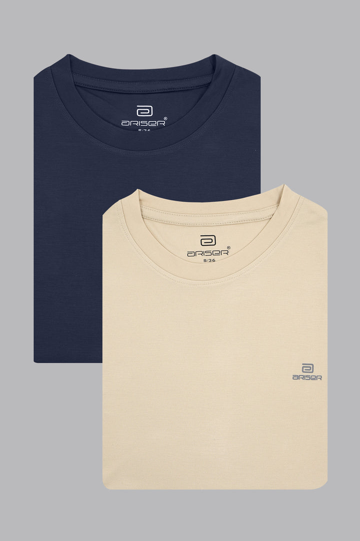 Sport Round Neck - Dark Blue and  Off White Solid T-Shirts Pack Of 2 Combo For Men | Ariser
