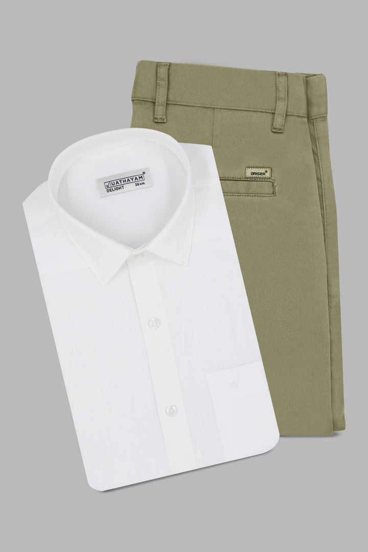 White dress shirt and green pants on a gray background