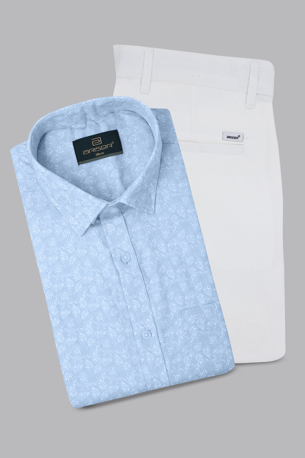 Light blue and white patterned shirts on a gray background