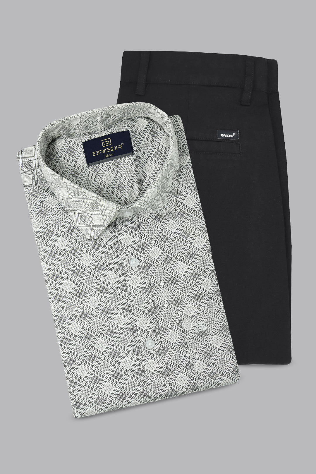 Vudu + Monaco - Mist Gray Printed Shirt With Black Trouser Combo For Men | Ariser