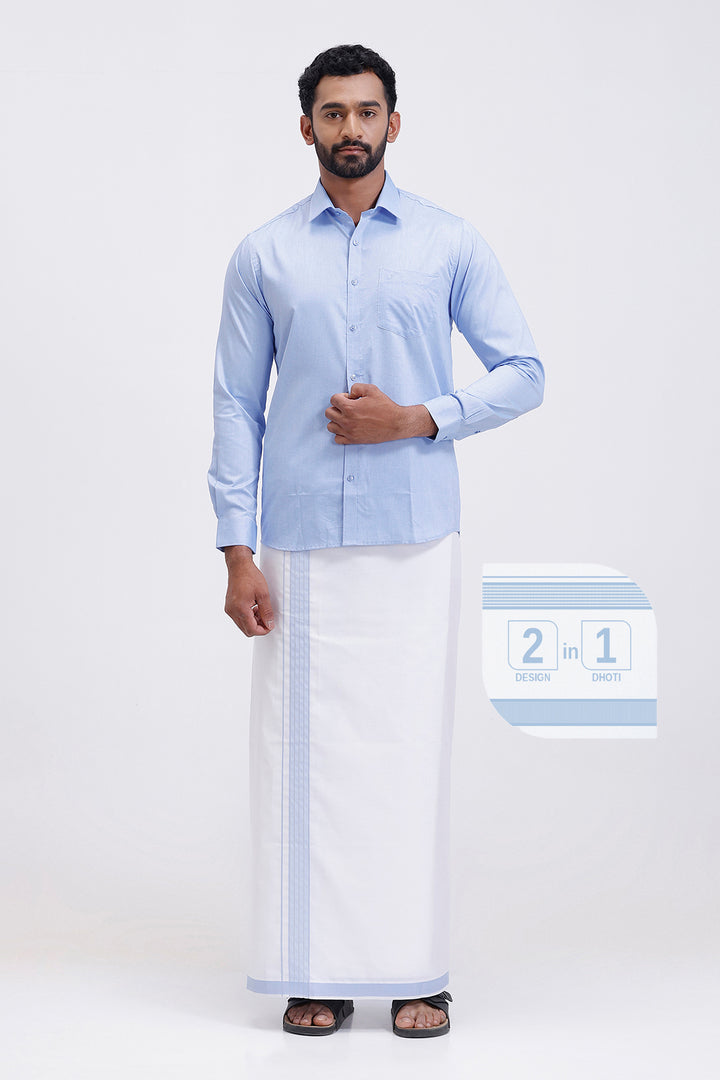 Pixel pastel blue matching shirt with double design fancy border dhoti for men