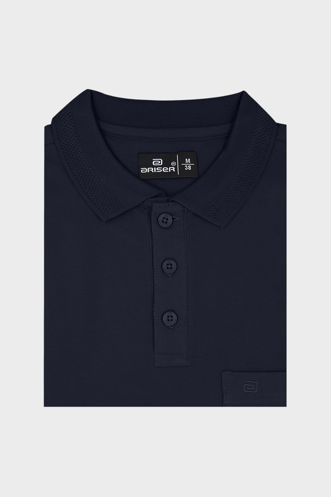 A folded dark navy blue polo T-shirt with a three-button placket and a small chest pocket, shown on a light gray background. The brand name 'Ariser' is visible on the inner neck label.
