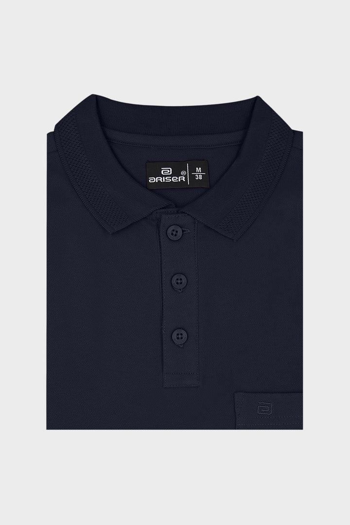 A folded dark navy blue polo T-shirt with a three-button placket and a small chest pocket, shown on a light gray background. The brand name 'Ariser' is visible on the inner neck label.