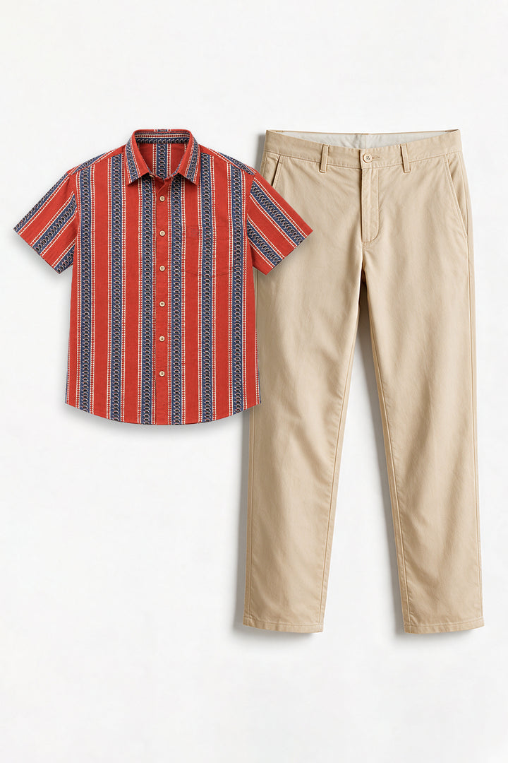 Congo + Basic Chino - Brick Red Shirt With Sandal Trouser Combo For Men | Ariser